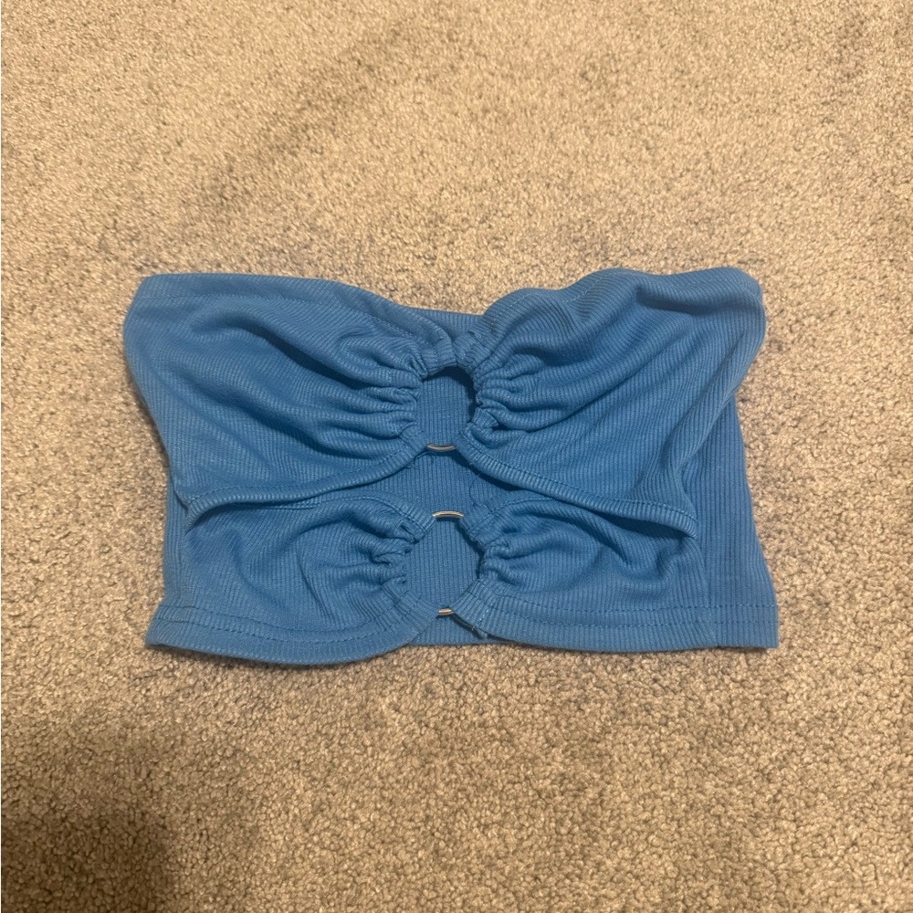 Blue cropped tube top with rings down the middle